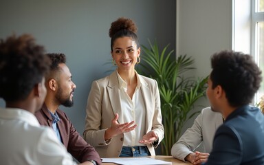 Female Manager Leading a Meeting About Sustainability and Ethnicity with her Multiethnic Teammates. Young Group of Employees Presenting Their Project Ideas To Startup CEO. Medium Shot. High quality