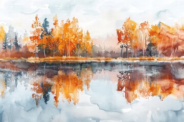 Vibrant autumn landscape reflecting on a calm lake with trees in warm hues at dawn. Watercolor illustration