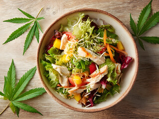 Mixed salad with vegetables, fruits, grilled chicken slices, and shredded cheese on top, with cannabis leaves.