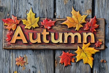 Vibrant red and orange leaves surround the word Autumn carved into a wooden sign. The rustic background complements the bright colors, capturing the essence of fall. 