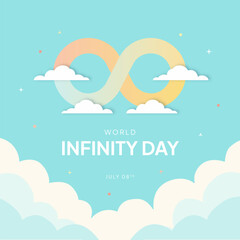World Infinity Day July 8th celebration banner with infinity icon and cloud on the blue sky background