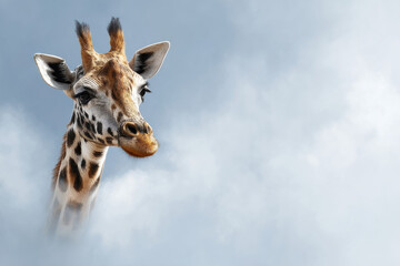Obraz premium Giraffe sticking his head out of clouds