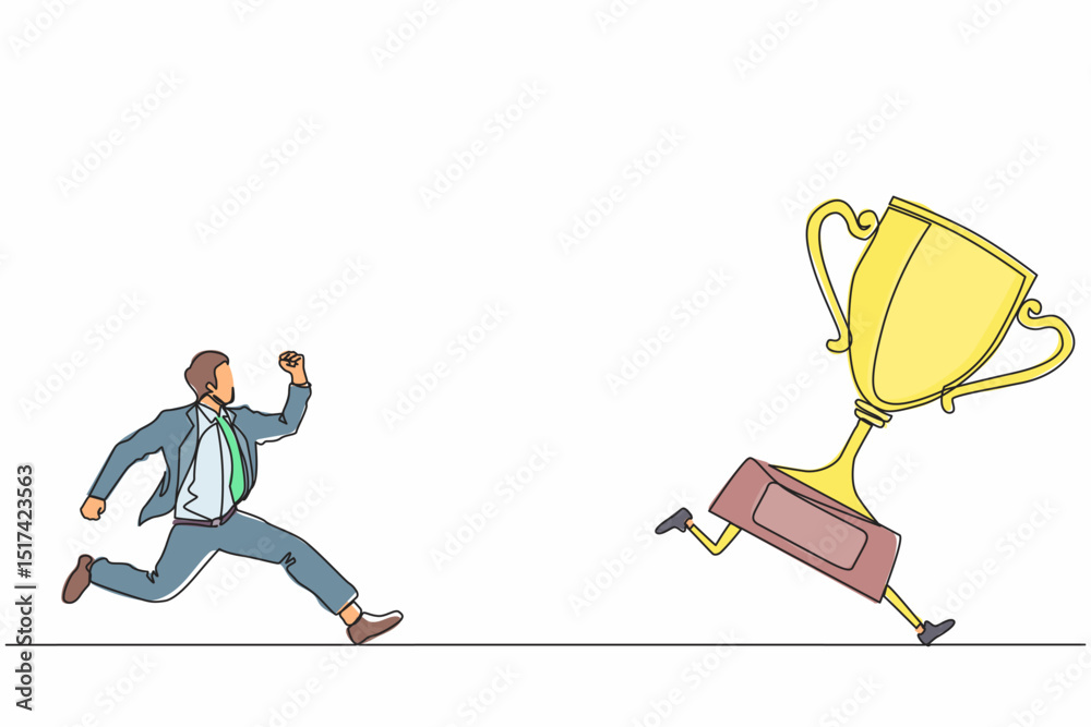 Poster single continuous line drawing businessman trying to catch trophy. man running and chasing after run