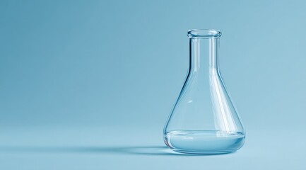 A clear, empty Erlenmeyer flask sits on a light blue background, casting a subtle shadow.  The flask is slightly angled, showcasing its form
