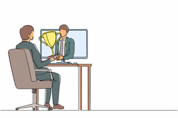 Single one line drawing handsome businessman holds out a golden cup from a monitor to a happy office worker. Award in the online contest. Modern continuous line draw design graphic vector illustration