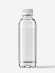 A clear plastic bottle with a white cap, slightly curved, stands against a plain white background; it is empty, showing a subtle reflection