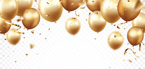 Celebration banner with gold confetti and balloons, for happy Birthday greeting card, banner, and template backgrounds