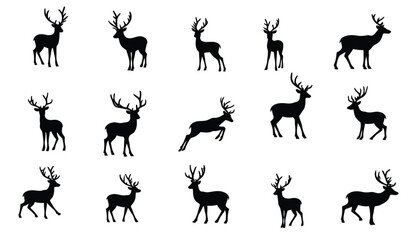 Black Deer Silhouettes: Variety of Poses on White Background for Graphic Design