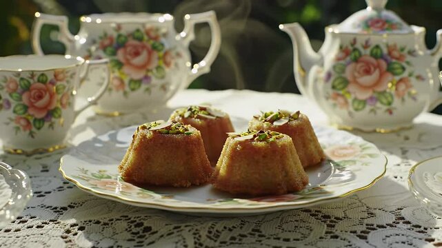 Basbousa Semolina Cakes Garnished with Nuts on Floral Plate in Golden Sunlight Near Tea Set Displaying Arabic Dessert Served Outdoors in Natural Light