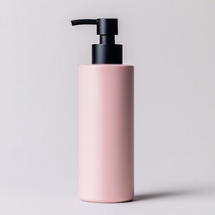 Minimalist pink soap dispenser with black pump against a soft grey background ideal for skincare product packaging and cosmetic branding