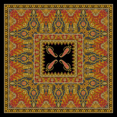 Sunfire Black Bandana – Fiery Traditional Mandala Print, Ornate Ethnic Square for Premium Dupattas and Hijabs