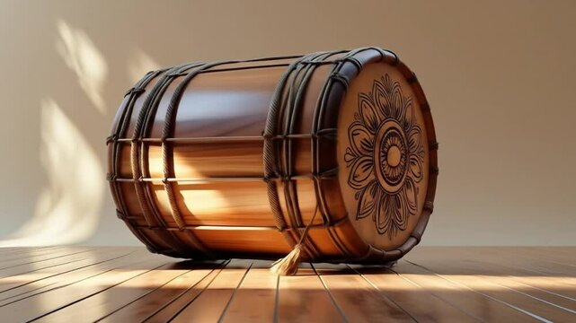 Handcrafted dhol drum placed on shiny wooden floor against soft beige background