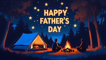 Father and Child Camping at Night with Campfire – Happy Father's Day Illustration
