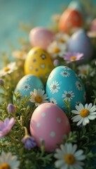 Colorful Easter eggs decorated with patterns in garden setting