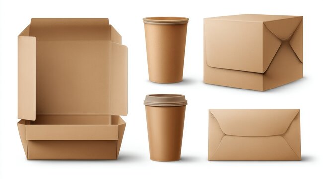 A digital illustration showcasing various empty, light brown cardboard food packaging containers including a box, two cups and an envelope style container, all set against a white background