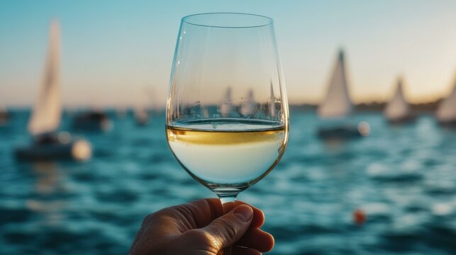 Relaxed man enjoying white wine by the lake with sailboats