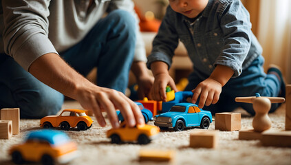 child playing toy car with dad, Happy Fathers days, Child and father, father and child