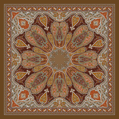 Cocoa and Copper Regal Bandana – Vintage Mughal Mandala Square with Earthy Warmth for Luxury Textiles