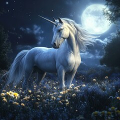 Naklejka premium Unicorn standing among flowers in a magical forest at night