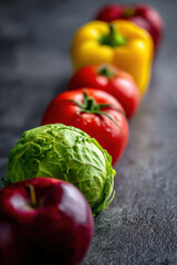 A row of different fruits and vegetables on a table top