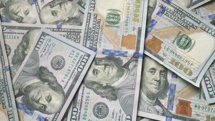 There are stacks of US Dollar bills neatly arranged on a table, showcasing currency assets