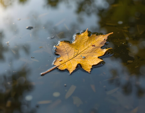 Golden autumn maple leaf floating on water surface reflecting natural light