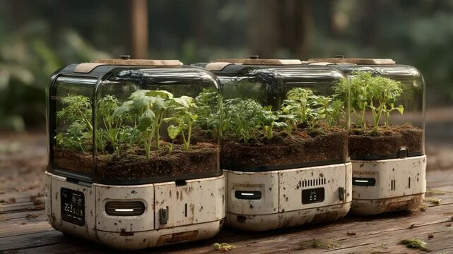 Futuristic home gardening concept, organic vegetable cultivation, smart automated mini farm system