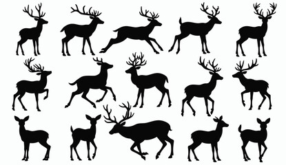 Black Silhouette Deer Herd Illustration on White Background, Wildlife, Nature, and Holiday Graphic.