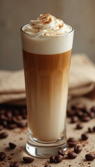 Tall glass of latte with whipped cream and cocoa powder indoors