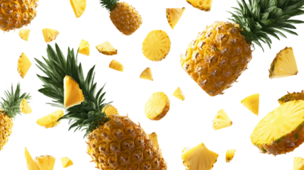 Falling Pineapples and Chunks on Transparent Background, PNG