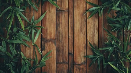 Lush green bamboo leaves frame a rich brown wood background, creating a natural, serene image ideal for various design applications