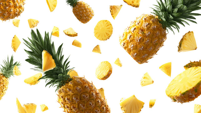 Falling Pineapples and Chunks on Transparent Background, PNG