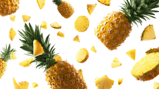 Falling Pineapples and Chunks on Transparent Background, PNG