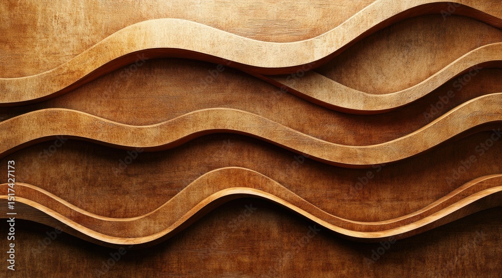Poster abstract image of undulating, layered wooden strips on a matching background, creating a wavy, three
