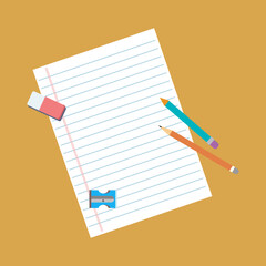 White Lined Paper with Orange and Teal Pencils, Pink Eraser and Blue Sharpener for Writing and School