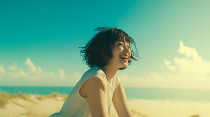 Obraz premium 海で笑う若い女性