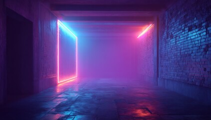 Neon-lit alleyway, brick walls, misty