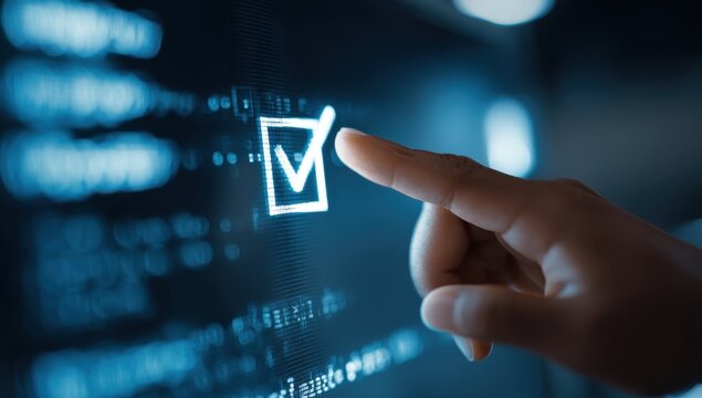 Finger touches a glowing checkmark on a computer screen displaying code