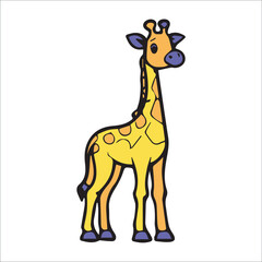 Obraz premium Cute cartoon giraffe standing in a simple, eye-catching design. Children's illustration of a giraffe in a bright yellow color scheme with purple accents.