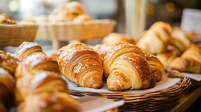 A classic French boulangerie with a rustic wooden interior and fresh croissants