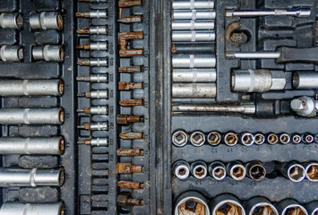 Set Texture of Metal Socket Wrenches and Rust Bits in Toolbox