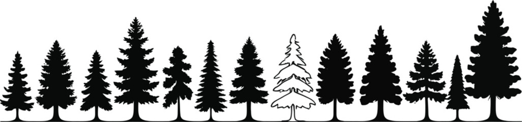 Forest Tree Silhouette Set: Evergreen Pine Trees in Various Sizes and Shapes.
