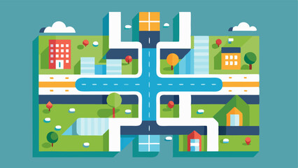 Cityscape Overview A topdown view of a digital city layout featuring a detailed grid with roads buildings parks and water bodies all rendered in a clean vector style.