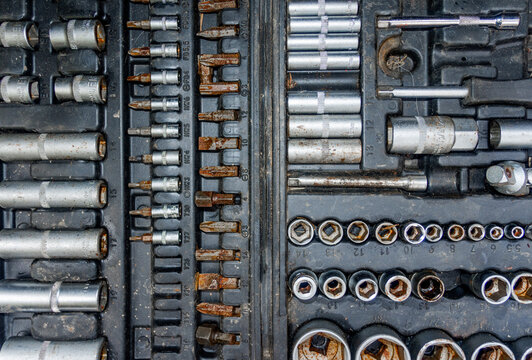 Set Texture of Metal Socket Wrenches and Rust Bits in Toolbox