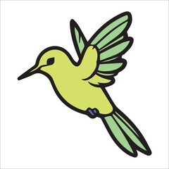 Obraz premium Lime green hummingbird in flight against a plain white background. Cute cartoon hummingbird in flight, suitable for children's illustration or a nature-themed project.