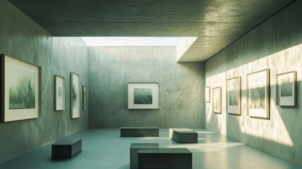 Framed landscape paintings in modern art gallery with benches