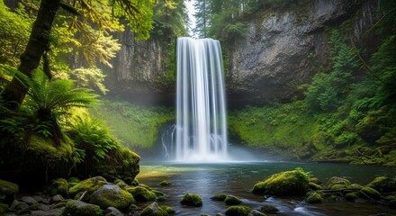 Lush Forest Waterfall: A Tranquil Cascade in a Green Landscape