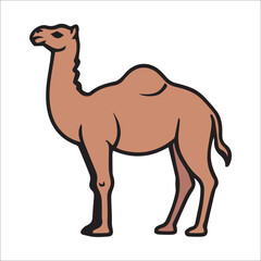 Camel illustration standing in a profile view against a plain white background. Simple, outlined illustration of a camel with a hump.