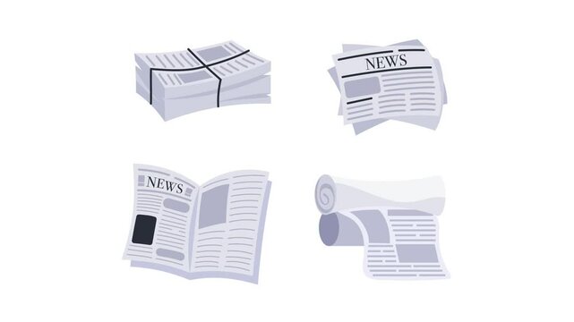 Newspaper stacks, open and rolled newspapers on white and green screen