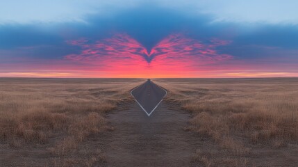 A symmetrical landscape road at a breathtaking sunrise.